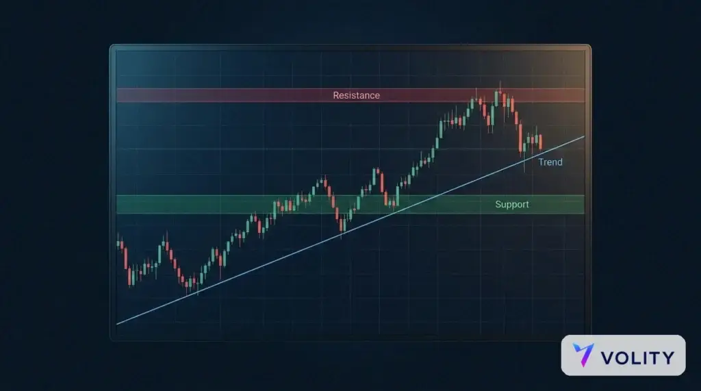 DAX-Kerzenchart, markiert mit einer blauen Trendlinie, einer grünen Unterstützungszone und einer roten Widerstandszone für die Niveauanalyse.