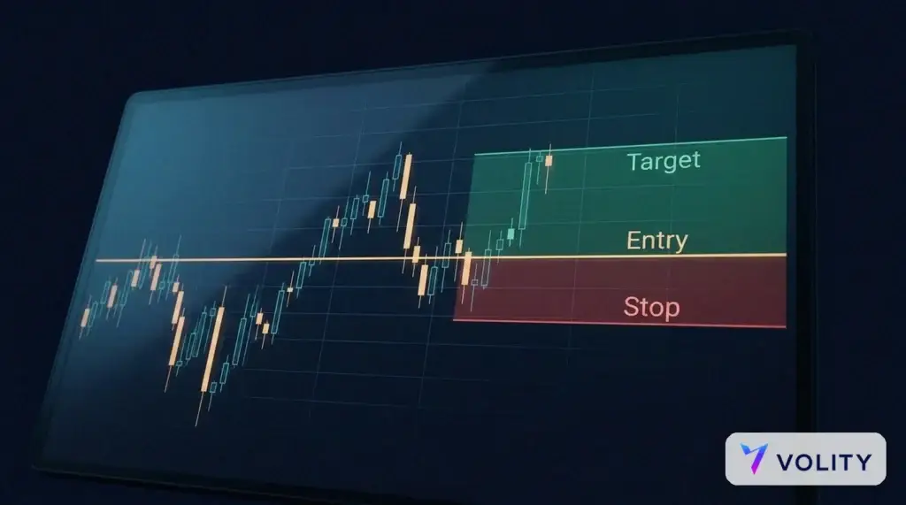 DAX-Chart mit einem Trade-Setup: einer Einstiegslinie, einem Stop-Loss-Niveau darunter und einem Take-Profit-Ziel darüber, das das Risikomanagement veranschaulicht.