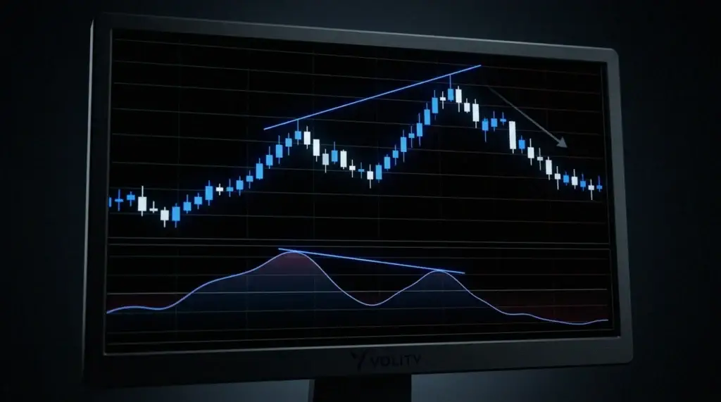 Divergence baissière : le prix fait un plus haut plus élevé alors que l'indicateur DeMarker fait un plus haut plus bas dans le panneau inférieur.