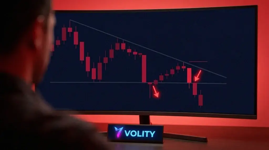 Triangle descendant avec une entrée de cassure sous le support et une entrée de retest, stop de protection au-dessus du dernier sommet décroissant.
