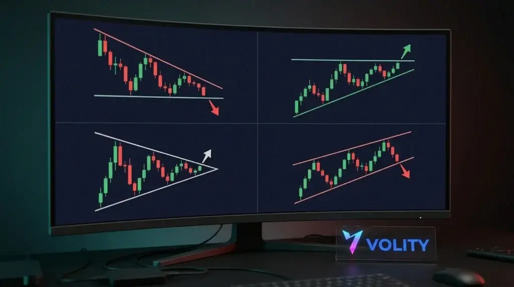Graphique à quatre panneaux comparant les triangles descendant, ascendant et symétrique et un coin ascendant, chacun avec des flèches de cassure.