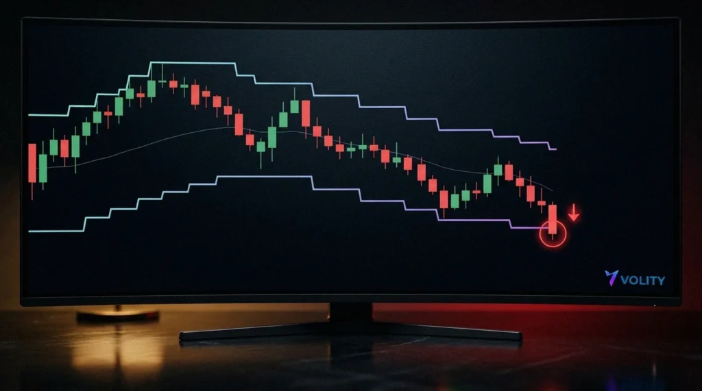 Canal de Donchian sur des bougies en tendance baissière, une bougie rouge sous la bande inférieure entourée comme signal de vente.
