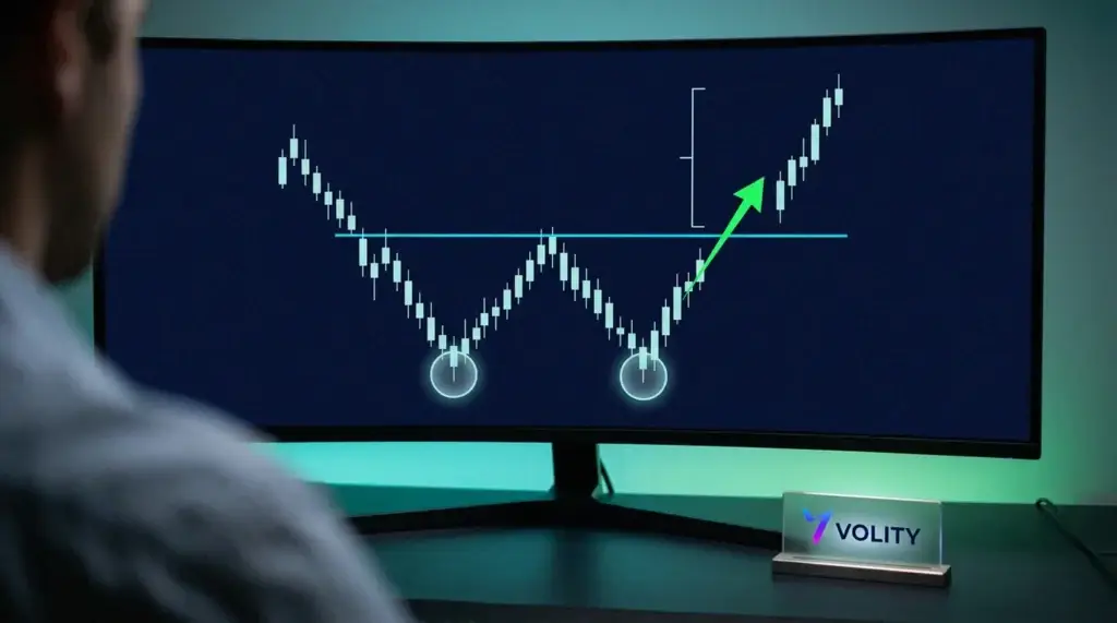 Graphique en double creux avec deux creux égaux, la ligne de cou sur le sommet intermédiaire, une flèche de cassure et un objectif de mouvement mesuré.