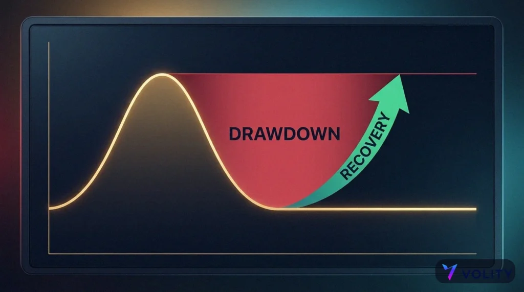 Graphique de courbe de capital avec une bande rouge de drawdown du pic au creux et une flèche verte de récupération qui remonte jusqu'au pic.