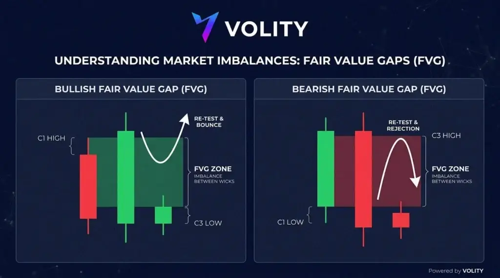 Graphique en chandeliers à deux panneaux comparant un fair value gap haussier et un fair value gap baissier, chaque zone de déséquilibre ombrée entre les mèches.