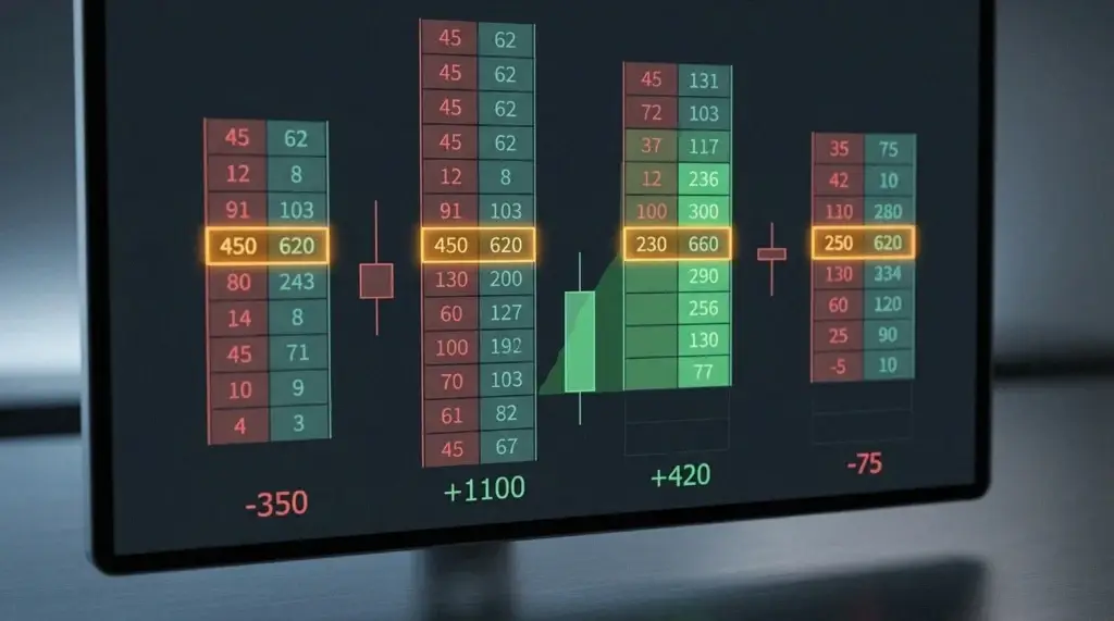 Bougies d'un graphique footprint avec le volume bid et ask dans chaque cellule, une ligne d'absorption mise en évidence et une pile de déséquilibre acheteur en vert.