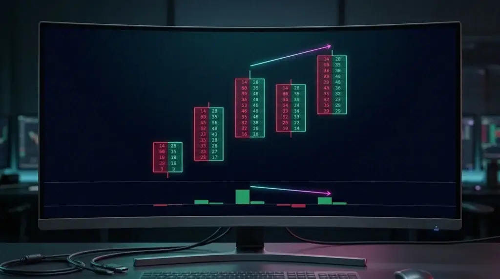 Divergence de delta sur footprint : le prix fait un plus haut plus élevé tandis que le delta en dessous fait un plus haut inférieur, chacun marqué d'une flèche.
