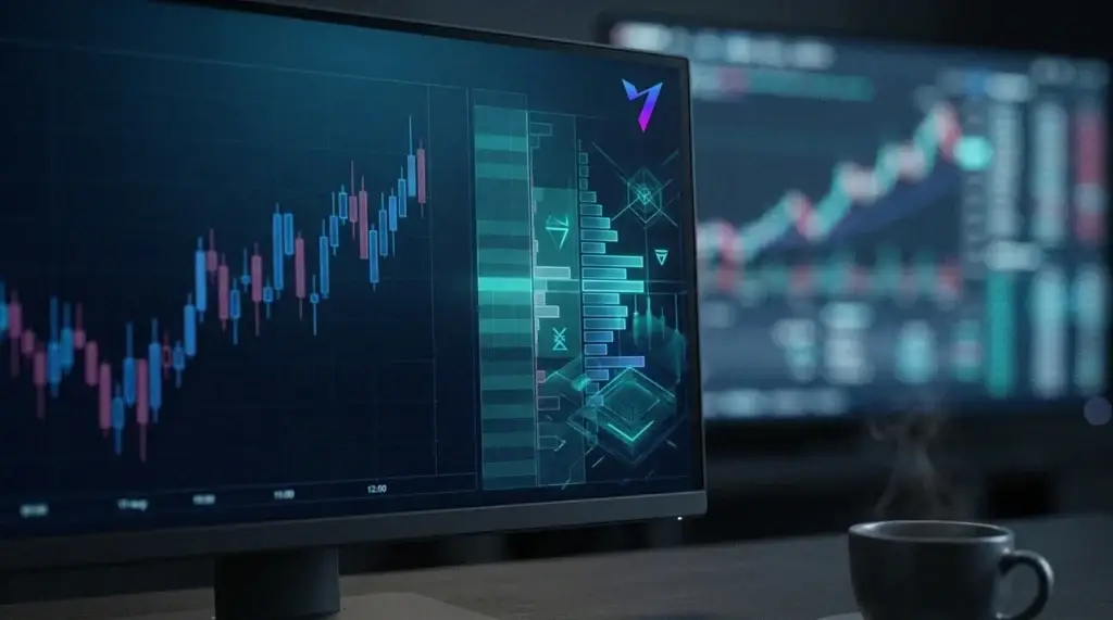 Monitor de trading en primer plano con un gráfico de velas EUR/USD y una escalera de precios azul que muestra los spreads de un broker de forex.