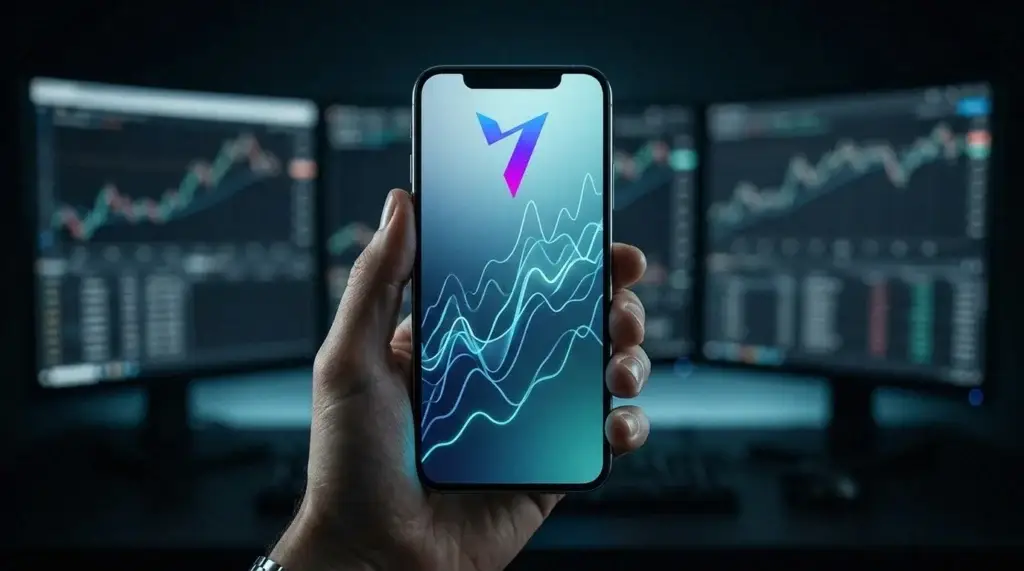 Mano sosteniendo un teléfono con un gráfico de forex azul de Volity en una mesa de trading oscura, la app de trading Volity MT.