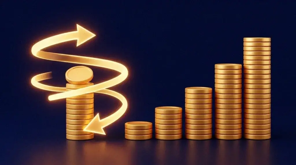 Flèche dorée en boucle réinvestissant le profit dans une pile de pièces à côté de colonnes de pièces d'or croissantes, montrant la capitalisation.
