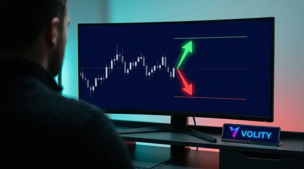 Monitor de una mesa de trading que muestra un gráfico de velas del índice 40 alemán con flechas de largo y corto más líneas de stop-loss y take-profit.