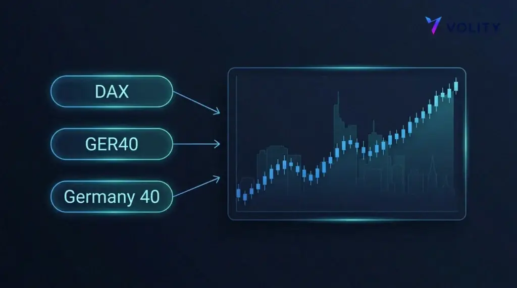 Tres etiquetas luminosas que dicen DAX, GER40 y Germany 40 conectadas a un único gráfico del índice de Fráncfort, que muestra que son un solo índice.