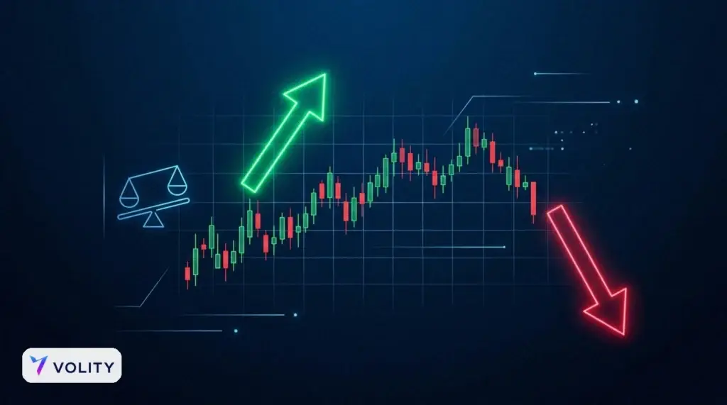 Ein Kerzenchart einer Technologieaktie mit einem grünen Aufwärtspfeil und einem roten Abwärtspfeil und einem kleinen Hebelsymbol, das zeigt, dass ein Differenzkontrakt mit Hebel long oder short gehen kann.