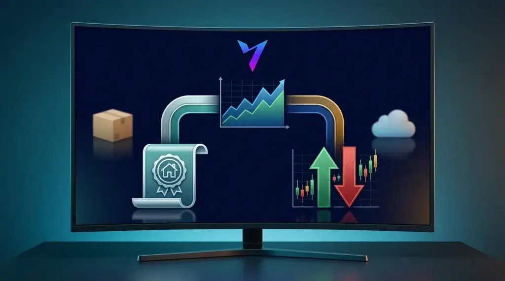 Diagrama de dos vías desde un gráfico de AMZN: un certificado de acciones para poseer acciones de Amazon y flechas de largo y corto para operar un CFD de Amazon.