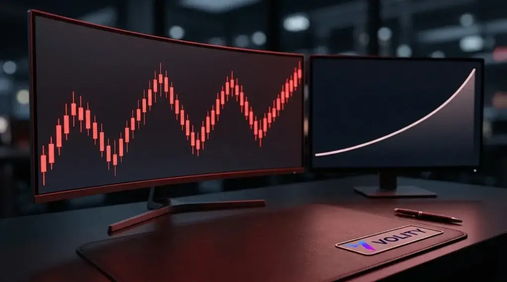Deux écrans sombres, l'un avec un graphique du cours de l'action et l'autre avec une ligne de tendance de long terme, comparant les routes pour trader AMD.