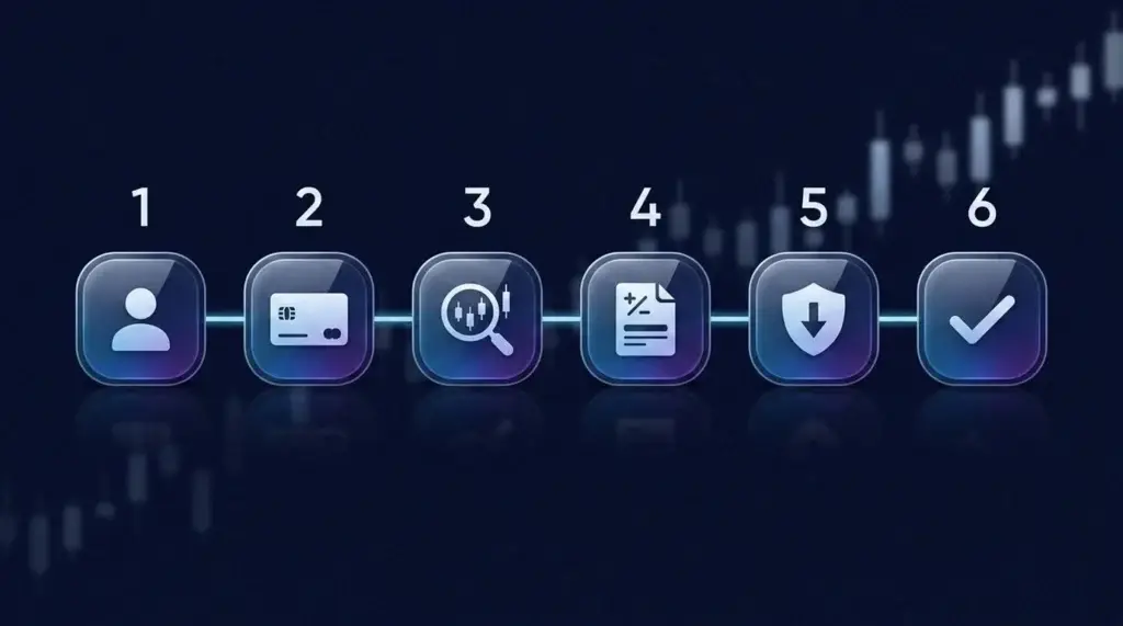 Seis nodos de pasos numerados y brillantes conectados en fila con iconos sencillos para abrir cuenta, financiar, buscar AAPL, elegir orden, definir tamaño y stop, y colocar la operación, sobre un tenue gráfico de Apple.