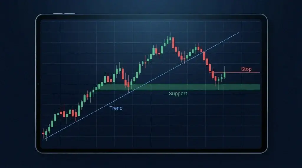 Gráfico de velas de Apple con una línea de tendencia azul, una banda de soporte verde y una línea de stop-loss roja que marcan la gestión del riesgo en una posición de CFD de Apple.