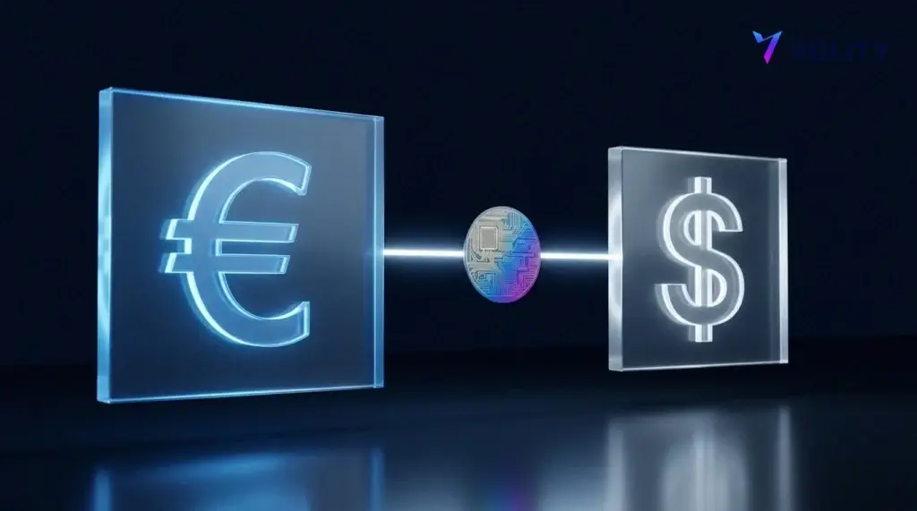 Zwei verbundene Trading-Bildschirme, ein größerer blauer mit einem Euro-Symbol für die primäre Amsterdamer Notierung und ein kleinerer weißer mit einem Dollar-Symbol für die sekundäre US-Notierung, die ein Unternehmen an zwei Märkten zeigen.