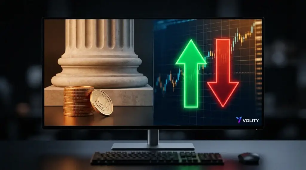Monitor de pantalla dividida que compara poseer acciones reales con una posición apalancada de CFD marcada con flechas hacia arriba y hacia abajo.