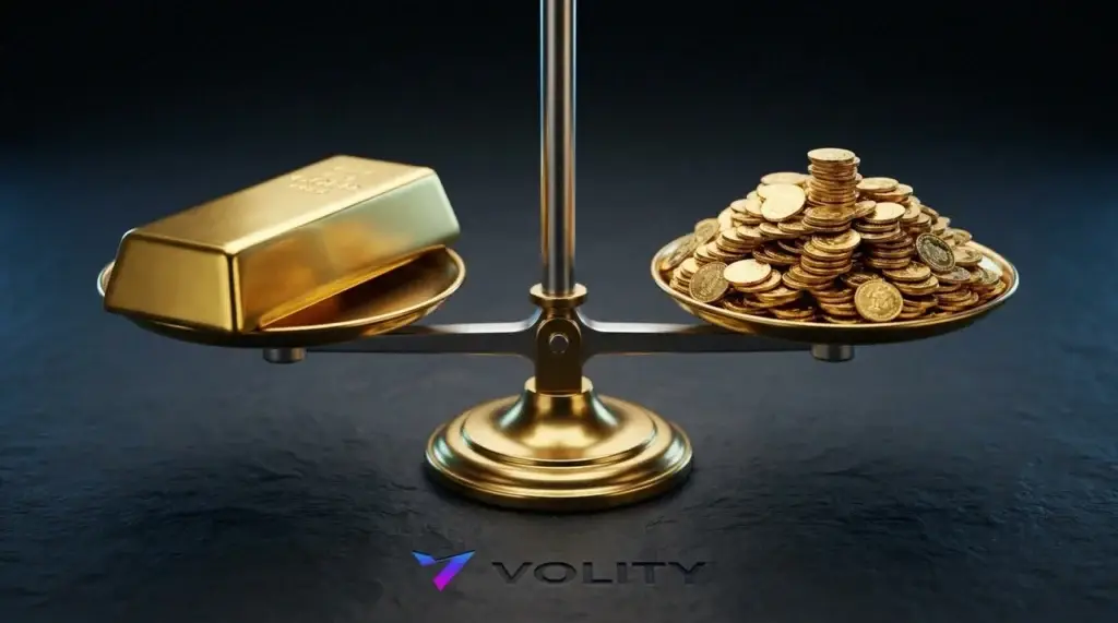 Waage mit einem großen Goldbarren auf der einen Seite und vielen kleinen Goldmünzen auf der anderen, die zeigt, dass eine Aktie der Klasse A 1.500 Aktien der Klasse B entspricht.
