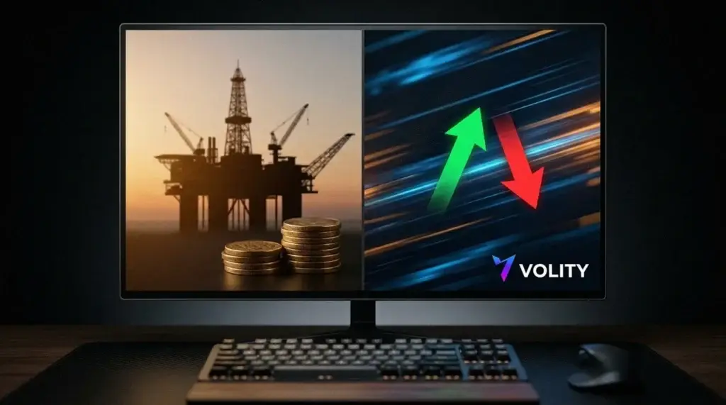 Moniteur en écran partagé comparant la détention d'actions énergétiques réelles à une position CFD à effet de levier marquée par des flèches vers le haut et vers le bas.