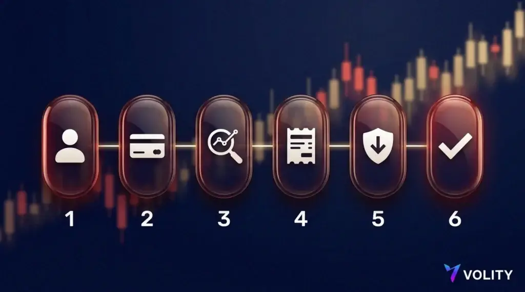 ست خطوات مرقمة ولامعة متصلة في صف واحد مع أيقونات بسيطة لفتح حساب، وإيداع الأموال، والبحث عن KO، واختيار أمر التداول، وتحديد الحجم ووقف الخسارة، وتنفيذ الصفقة، فوق مخطط باهت لسعر سهم Coca-Cola.