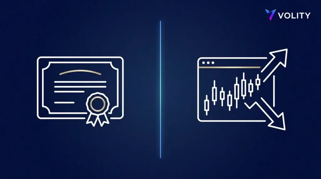 Geteilte Illustration, die den Besitz eines Aktienzertifikats einem gehebelten CFD-Handelsbildschirm für die Coinbase-Aktie gegenüberstellt.