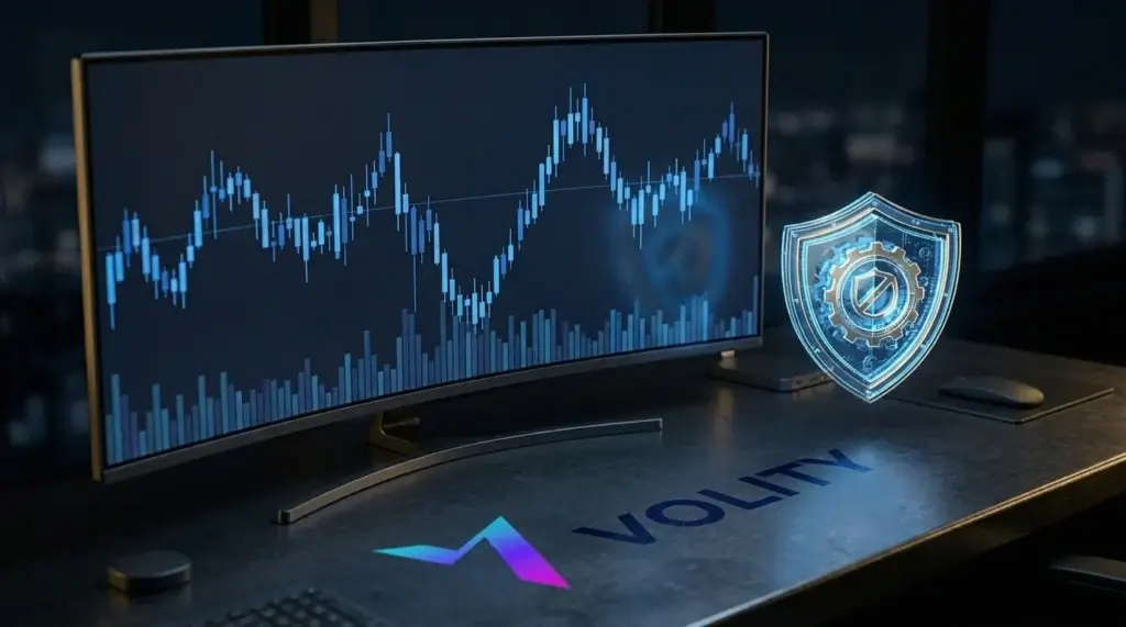 Dunkler Monitor mit einem volatilen blauen Kerzenchart und einem Sicherheitsschild, für die Risiken des Kaufs der Coinbase-Aktie.
