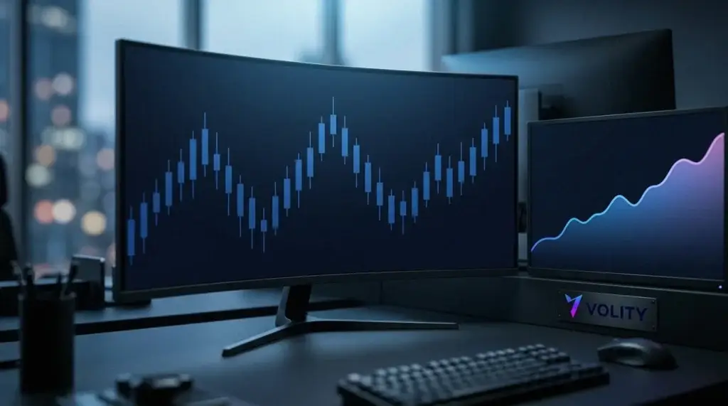 Deux écrans sombres, l'un avec un graphique en chandeliers bleu actif et l'autre avec une ligne de tendance de long terme, illustrant les routes pour trader Disney.