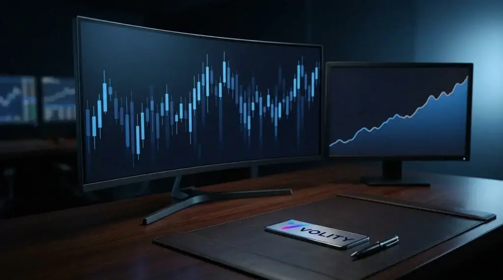 Zwei dunkle Monitore, einer mit einem Aktienkurschart und einer mit einer langfristigen Trendlinie, die die Wege zum Handeln von Alphabet vergleichen.
