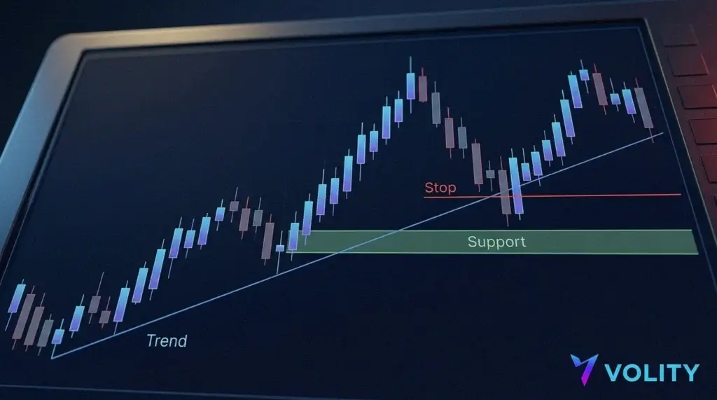 Gráfico de velas de McDonald's con una línea de tendencia azul, una banda de soporte verde y una línea de stop-loss roja que marcan la gestión del riesgo en una posición de CFD sobre MCD.