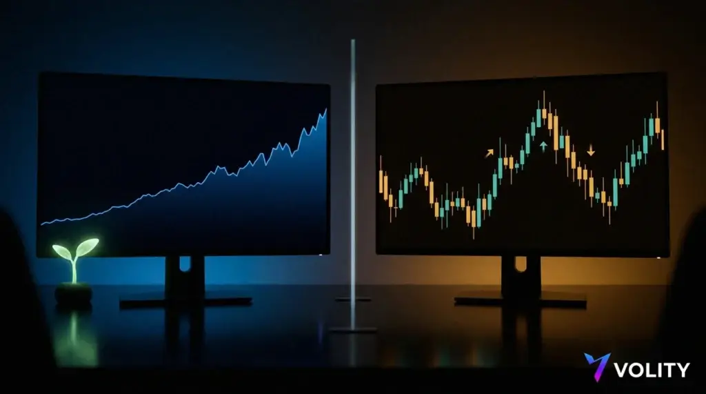 شاشتان: خط صاعد ومستقر لسعر سهم بجانب نبتة صغيرة، ومخطط شموع يابانية أسرع مع أسهم تشير للأعلى وللأسفل.