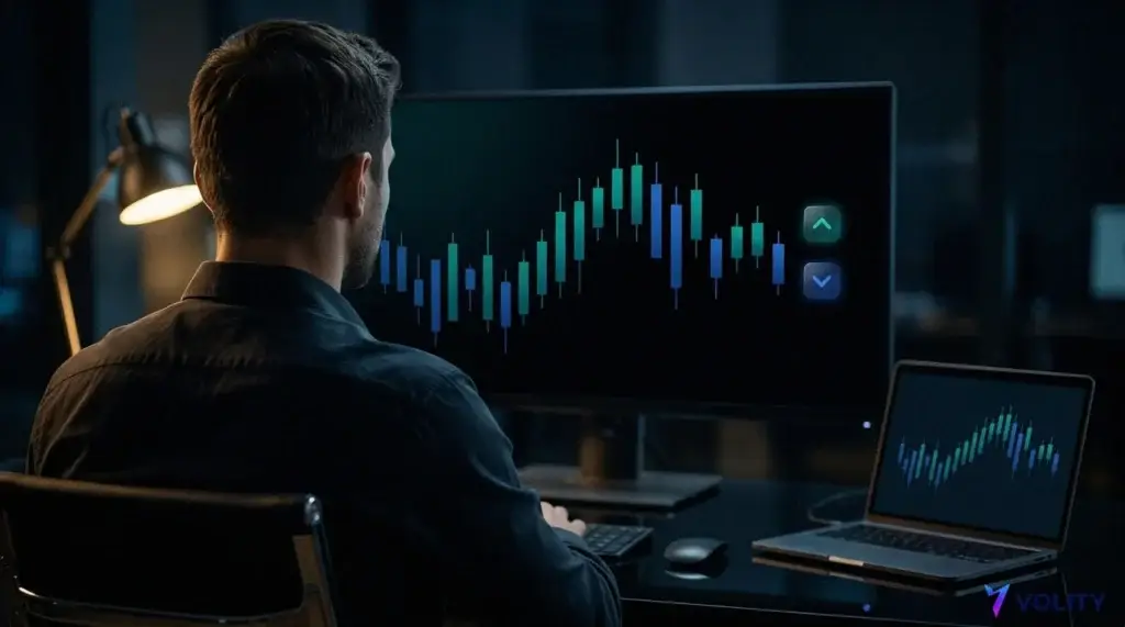 متداول يجلس أمام مكتب مظلم يشاهد مخطط شموع يابانية بنمط Meta مع أسهم تشير إلى صفقات الشراء والبيع، وجهاز كمبيوتر محمول يعرض المخطط نفسه.