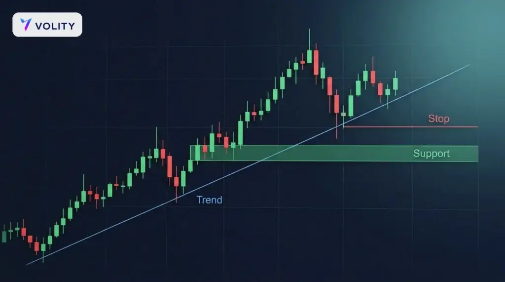 Gráfico de velas de Microsoft con una línea de tendencia azul, una banda de soporte verde y una línea roja de stop-loss que marcan la gestión del riesgo en una posición de CFD de Microsoft.
