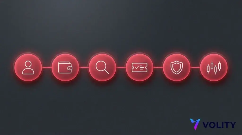 Seis nodos con iconos rojos conectados sobre un fondo oscuro que muestran los pasos para abrir una cuenta y operar Netflix.
