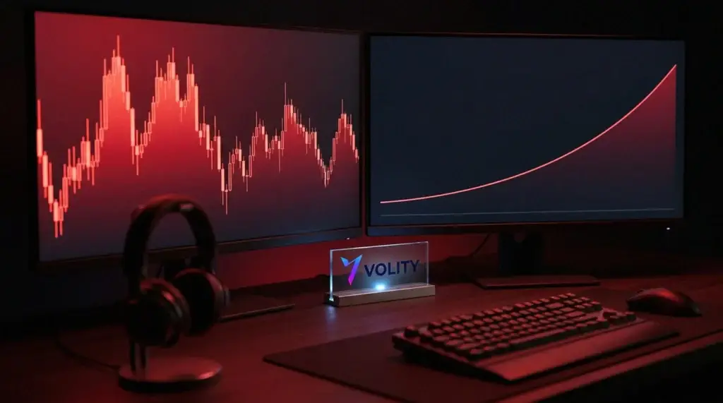 Dos monitores oscuros, uno con un gráfico de velas rojo volátil y otro con una línea de tendencia a largo plazo, que muestran las vías para operar Netflix.