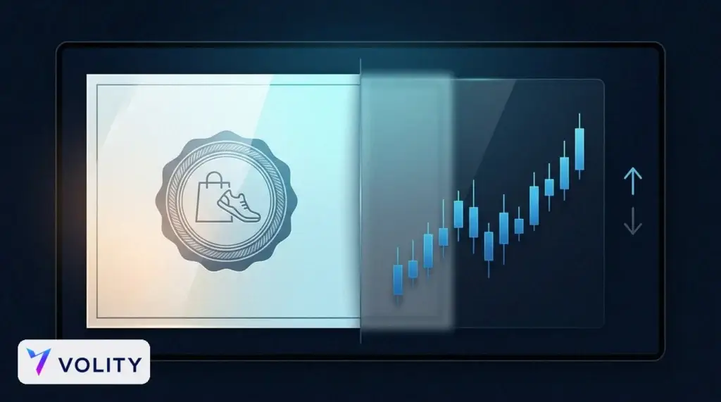 Geteilter Bildschirm, der ein Aktien-Eigentumszertifikat einem steigenden blauen Kerzenchart gegenüberstellt, echte Nike-Aktien gegenüber einem Nike-CFD.
