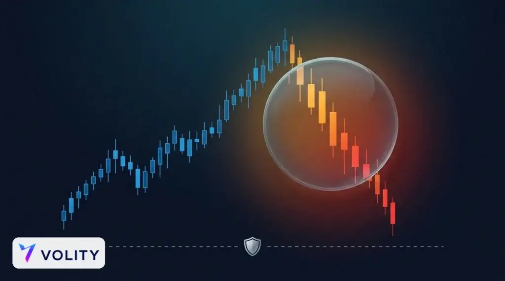Kerzenchart von Blau zu Rot mit einer Lupe über dem Rücksetzer und einem Schild an einer gestrichelten Stop-Linie, das das Risiko des CFD-Hebels zeigt.