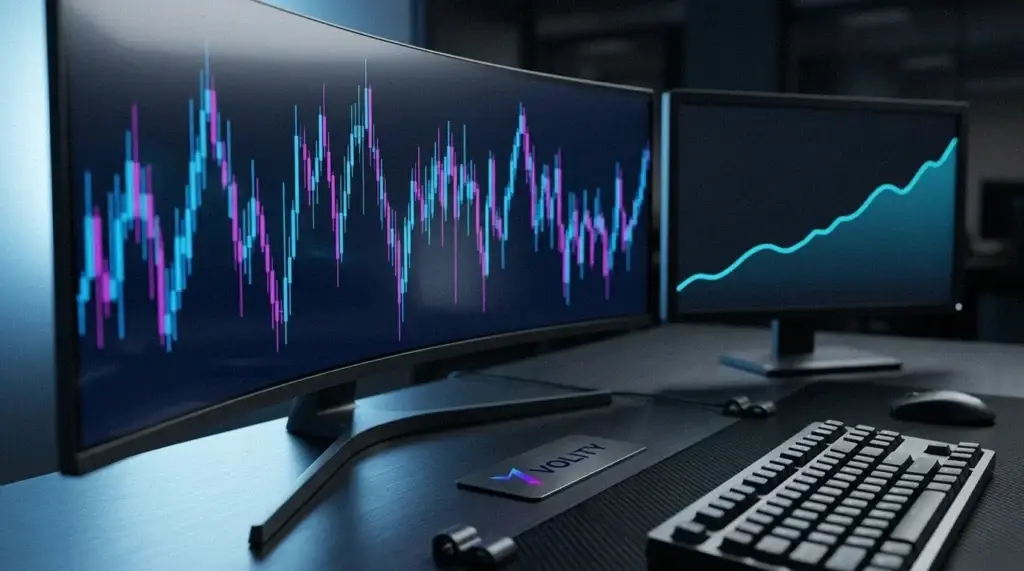 Deux écrans sombres, l'un avec un graphique en chandeliers bleu volatil et l'autre avec une ligne de tendance de long terme, illustrant les routes pour trader Palantir.