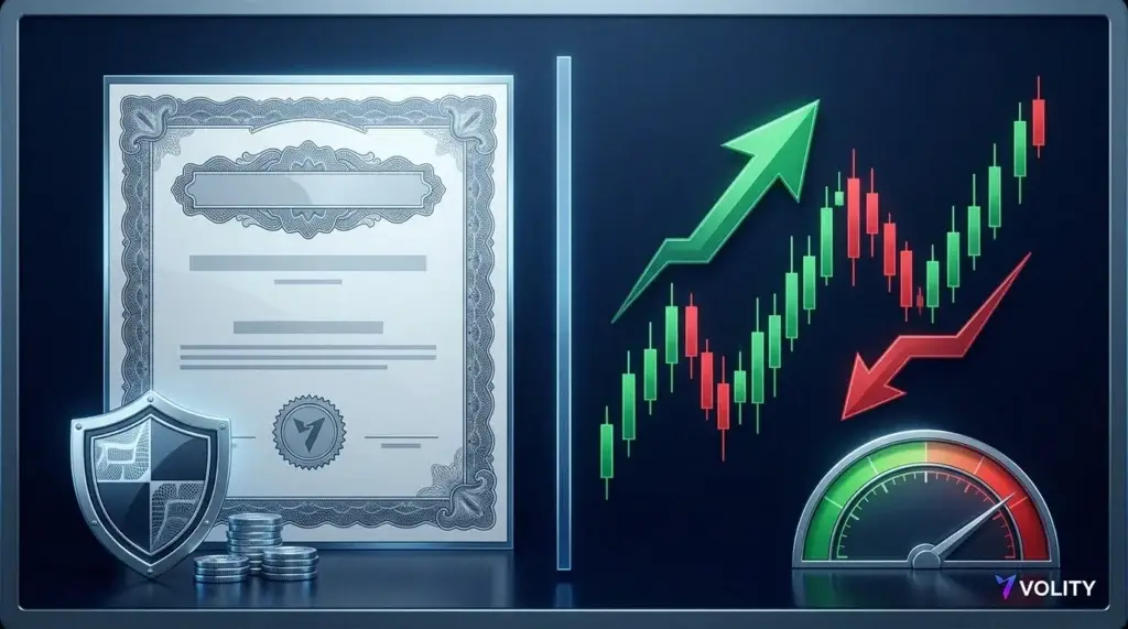 Ilustración dividida que compara poseer acciones reales de Rolls-Royce en un ISA a la izquierda con operar un CFD apalancado de Rolls-Royce a la derecha.