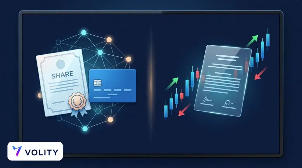 شاشة مقسمة تقارن بين شهادة ملكية أسهم ورسم بياني لشموع يابانية زرقاء صاعدة، توضح الفرق بين أسهم Visa الحقيقية وعقود الفروقات CFD على سهم Visa.