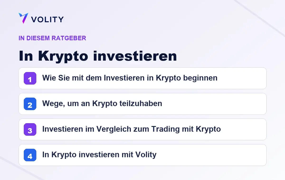 Wichtige Abschnitte in diesem Volity-Ratgeber zu In Krypto investieren