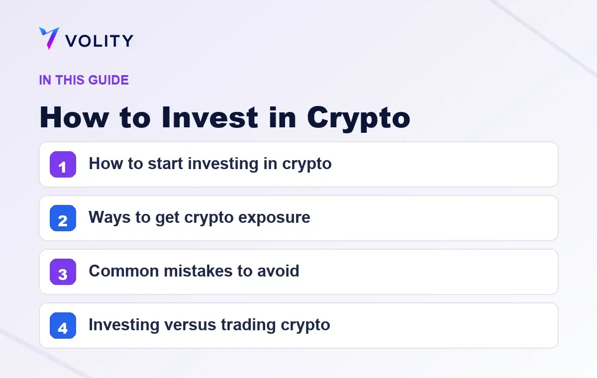 Key sections covered in this Volity guide to How to Invest in Crypto