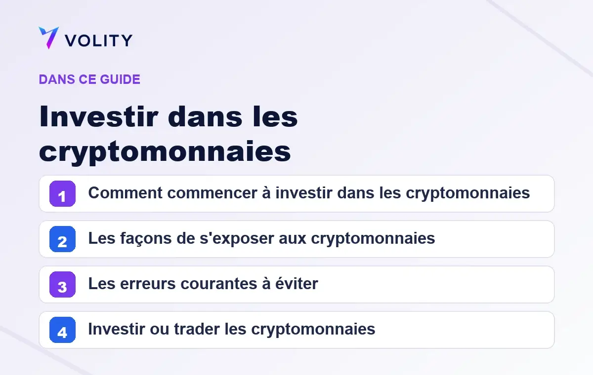 Sections clés de ce guide Volity sur Investir dans les cryptomonnaies