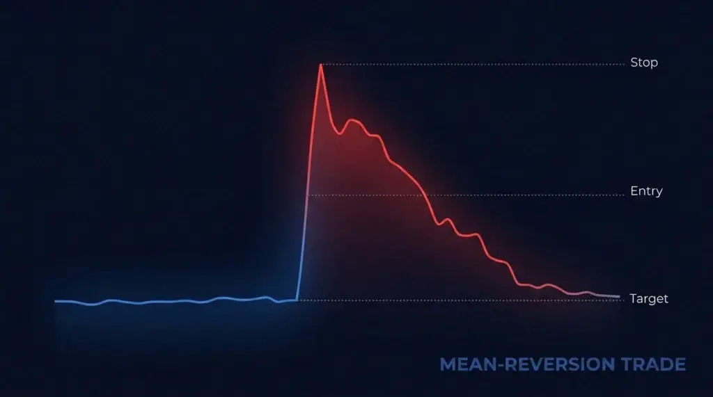 إعداد تداول الارتداد إلى المتوسط باستخدام الرسم البياني الخطي لـ Volatility مع خطوط تحديد نقطة الدخول، ووقف الخسارة، والهدف عند ارتداد قفزة VIX.