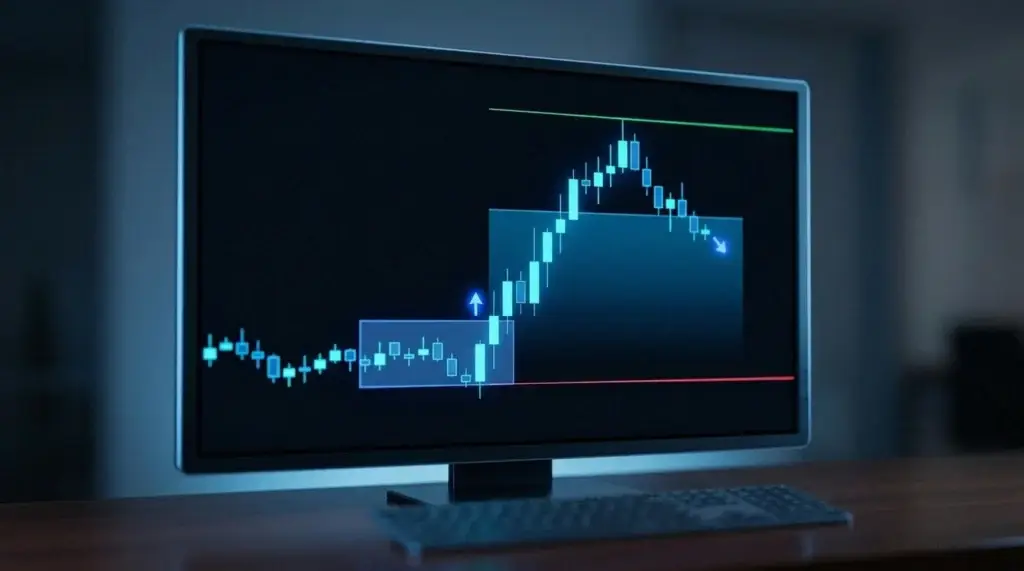 Graphique d'un trade sur Order Block ICT : entrée en mitigation dans le block, un stop de protection dessous et un objectif de prise de profit au-dessus.