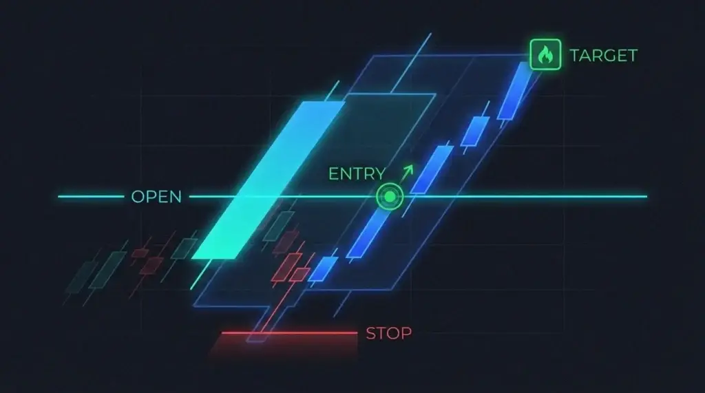 Power of 3 trade setup chart: entry as distribution begins, stop beyond the manipulation wick, target at opposite liquidity.