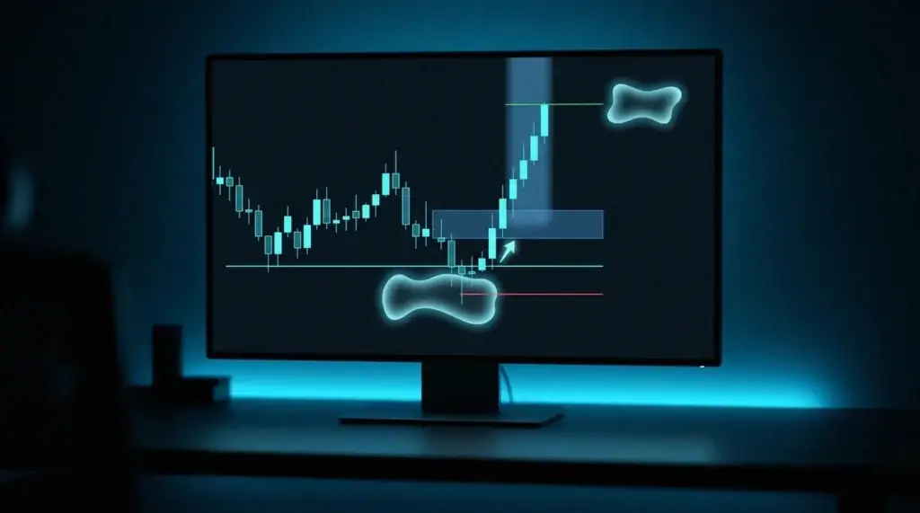 Chart eines ICT-Trade-Setups: ein gesweeptes Liquiditätstief, ein Wechsel der Marktstruktur, ein Order-Block-Einstieg, ein roter Stopp und ein grünes Ziel.