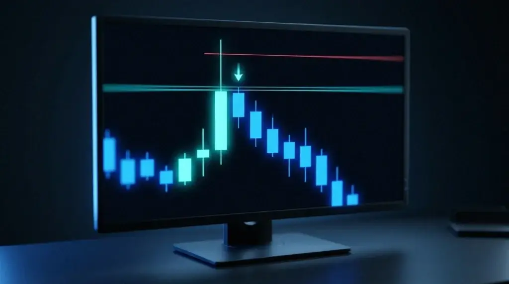 Chart des ICT Judas Swing: ein falscher Ausschlag, der die Stops über einem Hoch läuft, dann eine scharfe Umkehr nach unten mit einem Stopp über dem Swing.