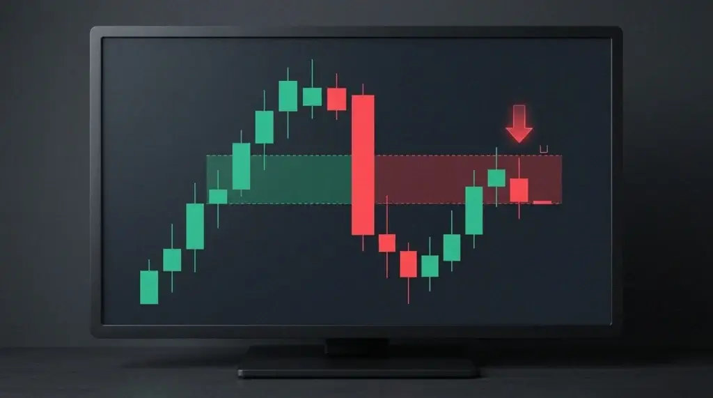 Graphique en chandeliers d'un fair value gap qui bascule : gap vert, une bougie rouge clôture en dessous, le prix rejette sur la nouvelle zone rouge.